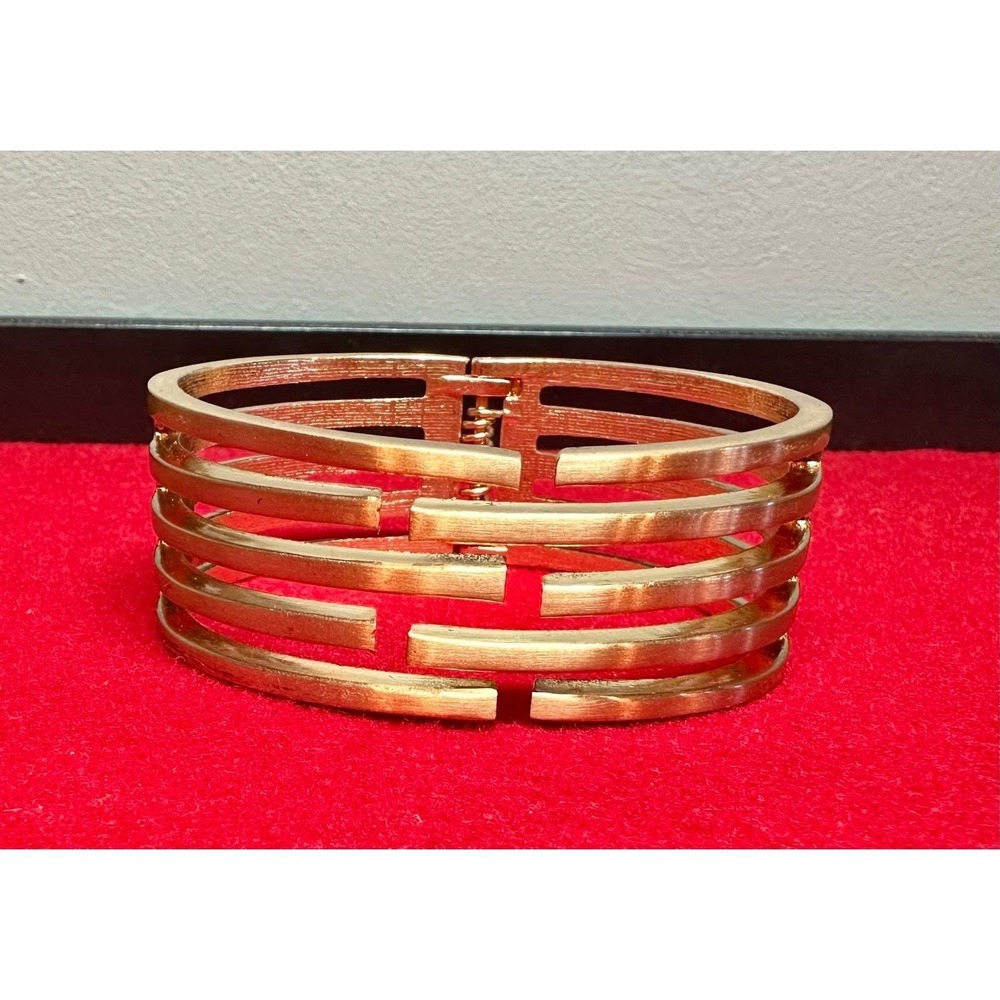 Gold Tone Vintage Wide Cuff Bracelet Hinged Multi Bar Statement Bangle